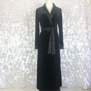 Black Velvet Long Robe with Satin Trim and Belt